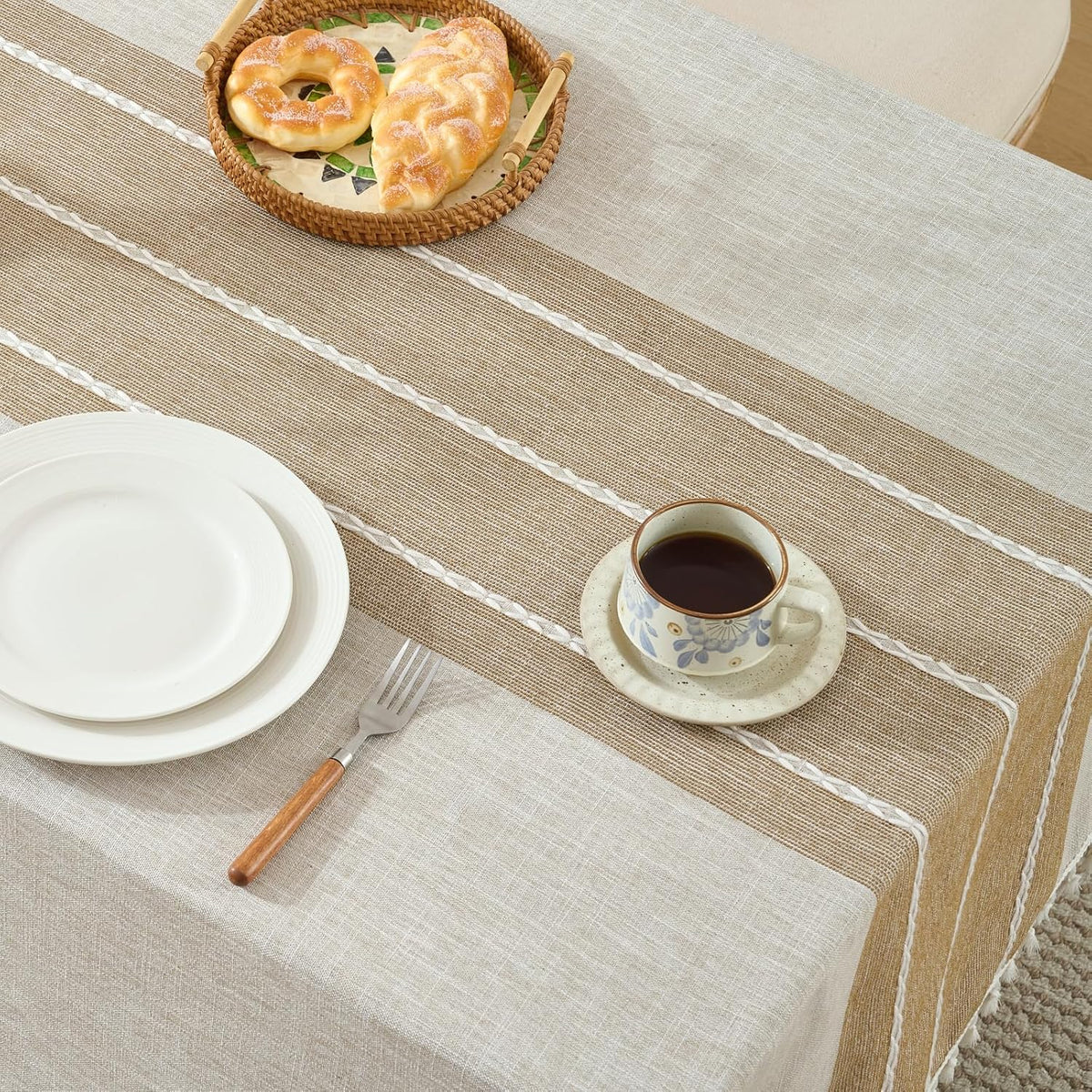 Alsoo Fall Tablecloth Rectangle Linen Style, Rustic Boho Farmhouse Outdoor Waterproof Cotton Table Cloth Wrinkle Free for Picnic Camping Party Kitchen Dining (Coffee Lines, 4-6 Seats, 55x75 Inches)