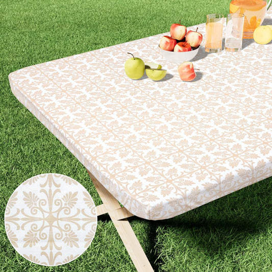 misaya Rectangle Vinyl Table Cloth, Elastic Fitted Flannel Backed Tablecloth, 100% Waterproof Plastic Table Cover Fits 4 Foot Folding Tables for Picnic, Camping, Outdoor (Khaki, 30" x 48")