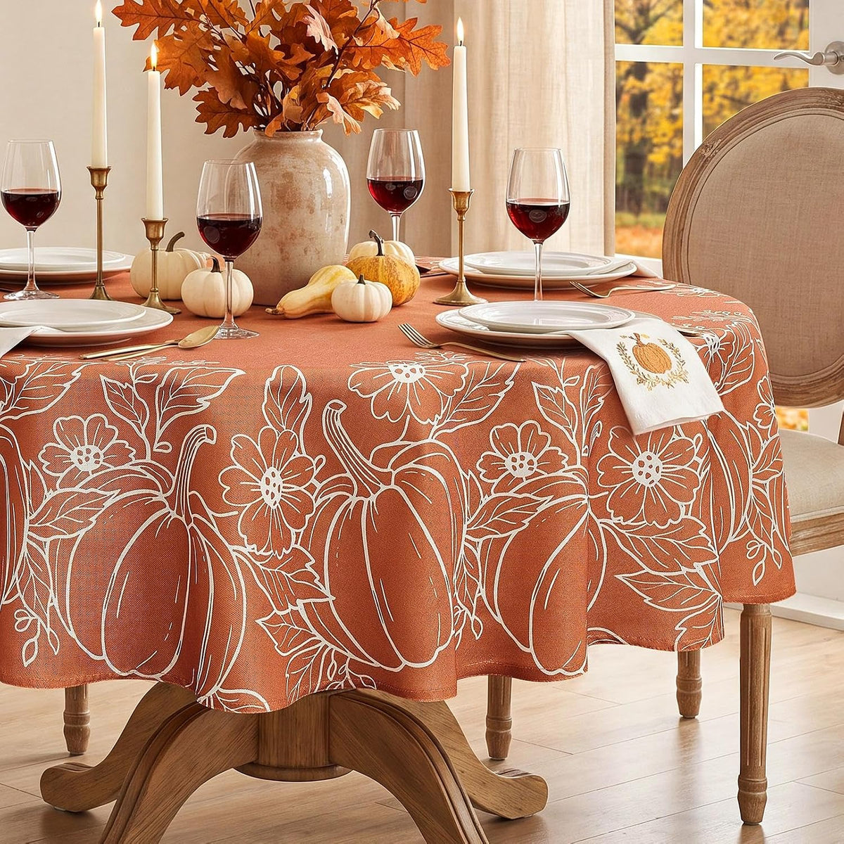 Softalker Faux Linen Round Fall Tablecloth 70 Inch, Autumn Table Cloth with Pumpkin & Maple Leaves, Orange Circle Table Cover Water Resistant for Outdoor, Thanksgiving, Kitchen-Harvest Themed