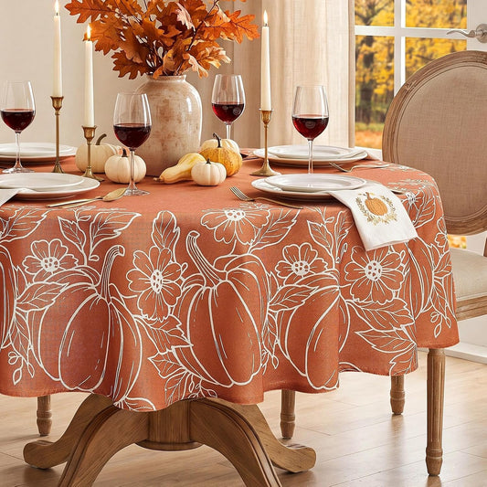 Softalker Faux Linen Round Fall Tablecloth 70 Inch, Autumn Table Cloth with Pumpkin & Maple Leaves, Orange Circle Table Cover Water Resistant for Outdoor, Thanksgiving, Kitchen-Harvest Themed