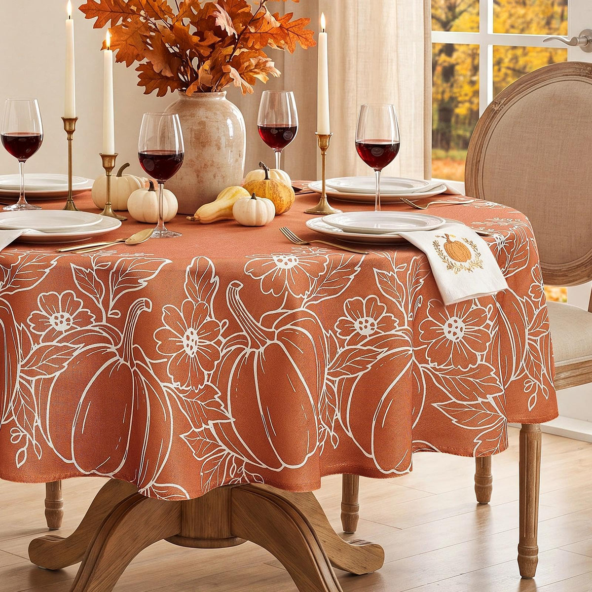 Softalker Faux Linen Round Fall Tablecloth 70 Inch, Autumn Table Cloth with Pumpkin & Maple Leaves, Orange Circle Table Cover Water Resistant for Outdoor, Thanksgiving, Kitchen-Harvest Themed