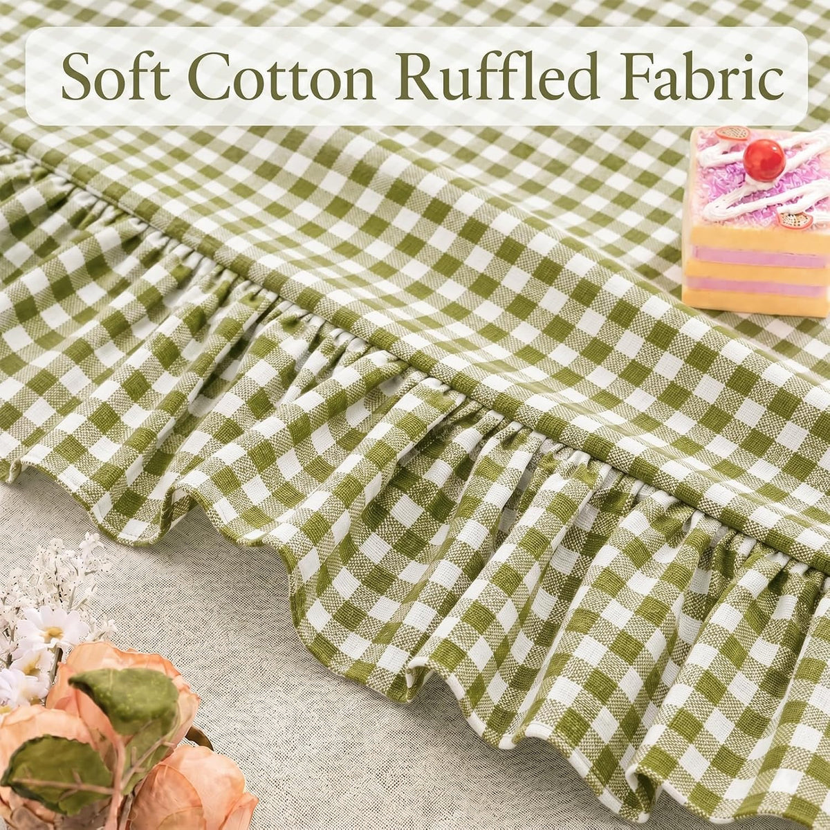 Green White Gingham Ruffled Tablecloth Rectangle 55" x 70" Farmhouse Cotton Plaid Table Cloth with Short Ruffle, Checker Table Cover for Boho Dining Room Kitchen Picnic Home Party Decoration
