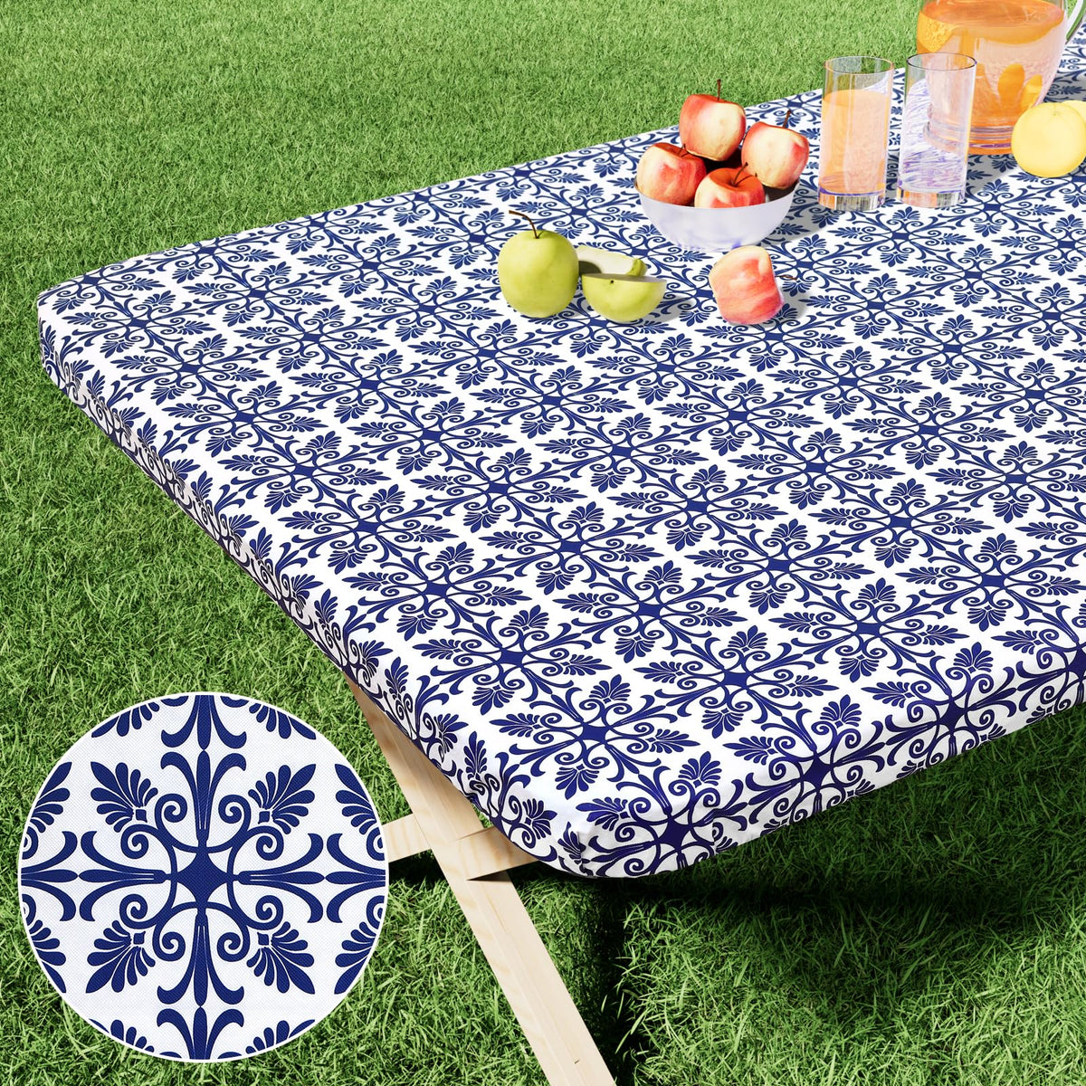 misaya Rectangle Vinyl Table Cloth, Elastic Fitted Flannel Backed Tablecloth, 100% Waterproof Plastic Table Cover Fits 4 Foot Folding Tables for Picnic, Camping, Outdoor (Khaki, 30" x 48")
