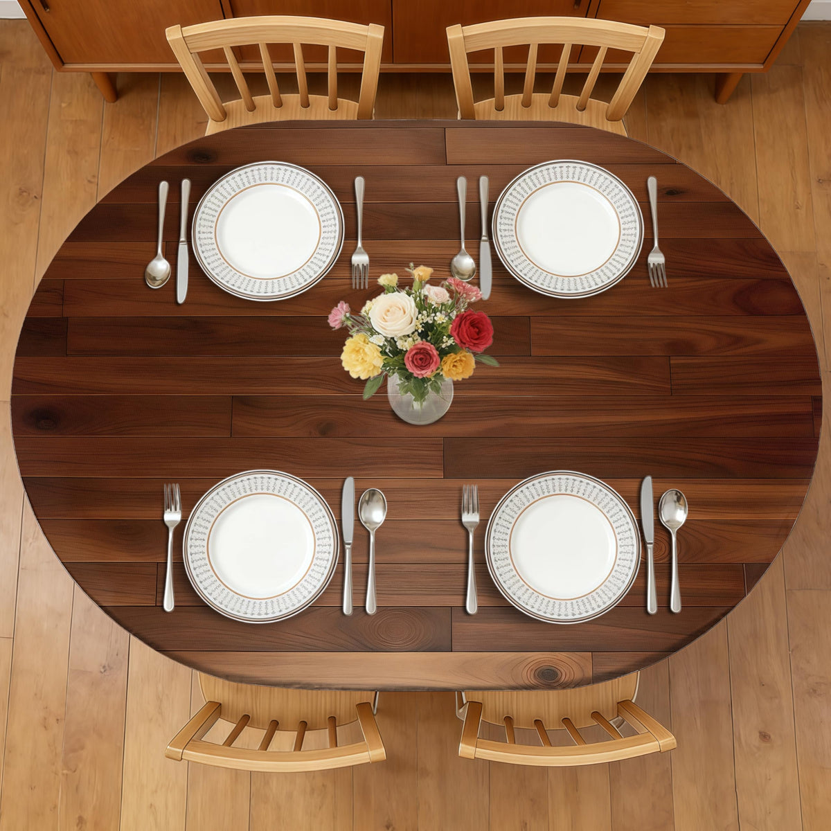 Wood Grain 48 Inch Round Fitted Cloth Tablecloth with Elastic Edged, Waterproof Oil Proof Wipeable Table Cover for Indoor Outdoor Patio Table, Fits Round Tables Up to 46" - 50" Diameter