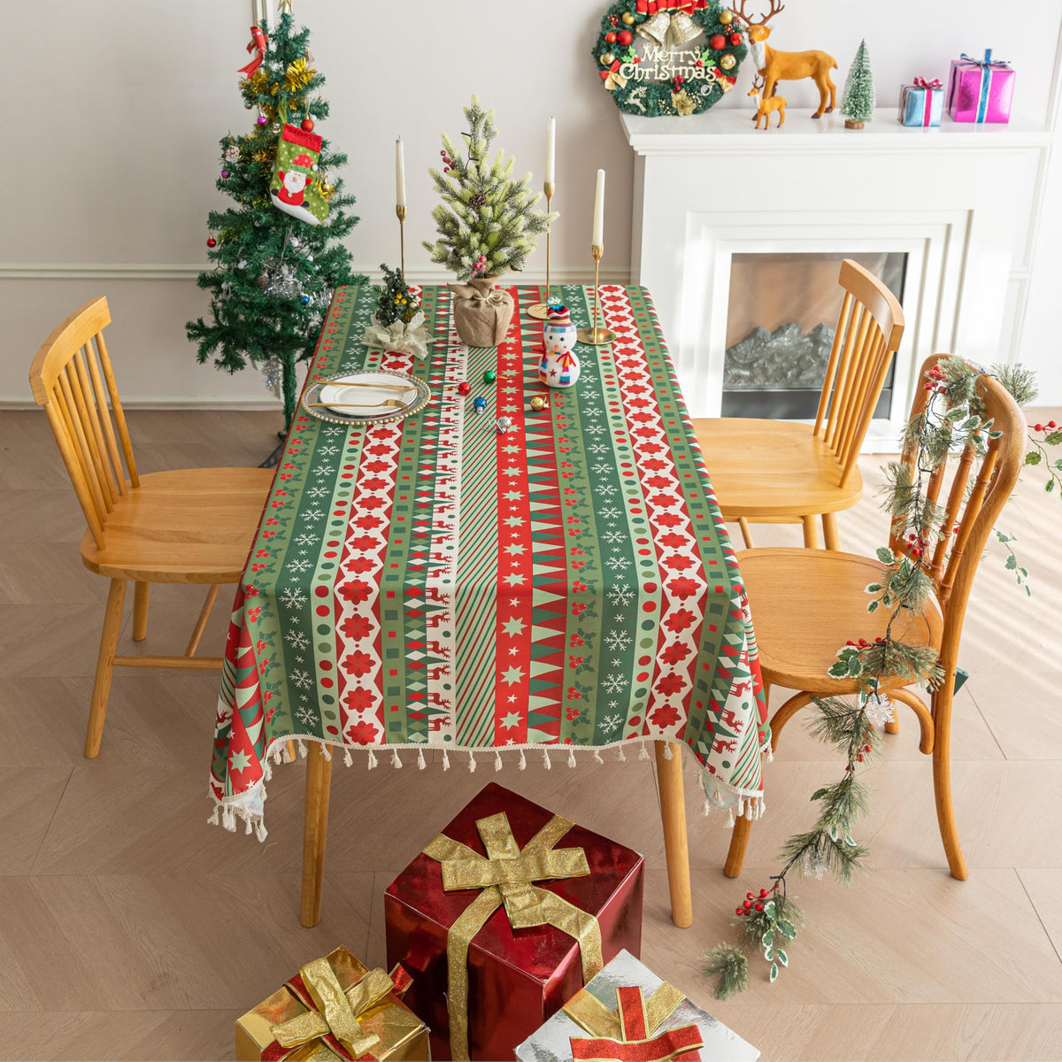 Boho Tablecloth for Square Tables,Fringed Edges with Geometric Pattern Tablecloths,Farmhouse Floral Table Cover Cloth Decorative for Kitchen Dining Room,59"x 59"