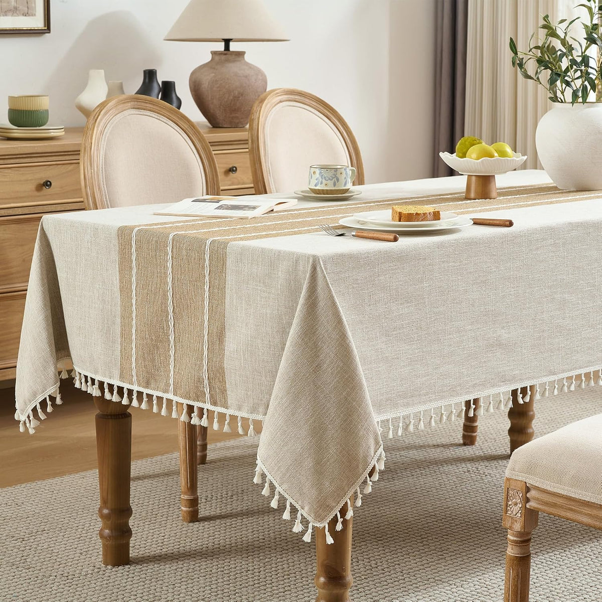 Tablecloth Rectangle Linen Style Fabric, 55 x 90 Coffee Lines