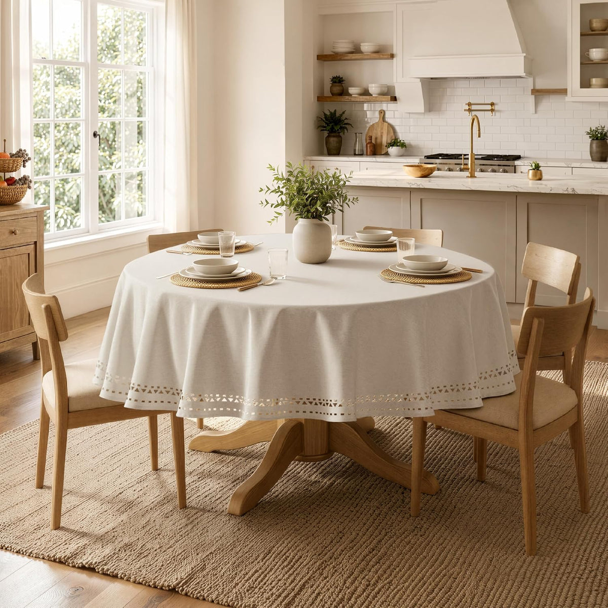 MIULEE 60 Inch Round Tablecloth with Decorative Cutouts Beige