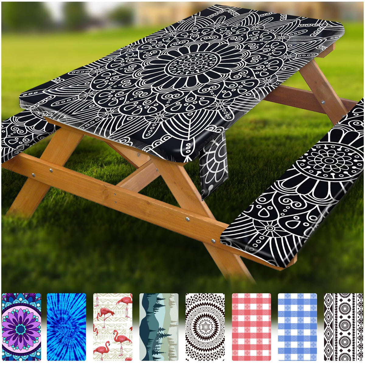 Fitted Picnic Table Cover with Bench Covers Vinyl Waterproof Elastic Edges Fitted Rectangle Tables Patio Tablecloth Camping Gear and Essentials Rv Accessories Road Trip Supplies Car Travel Must Haves