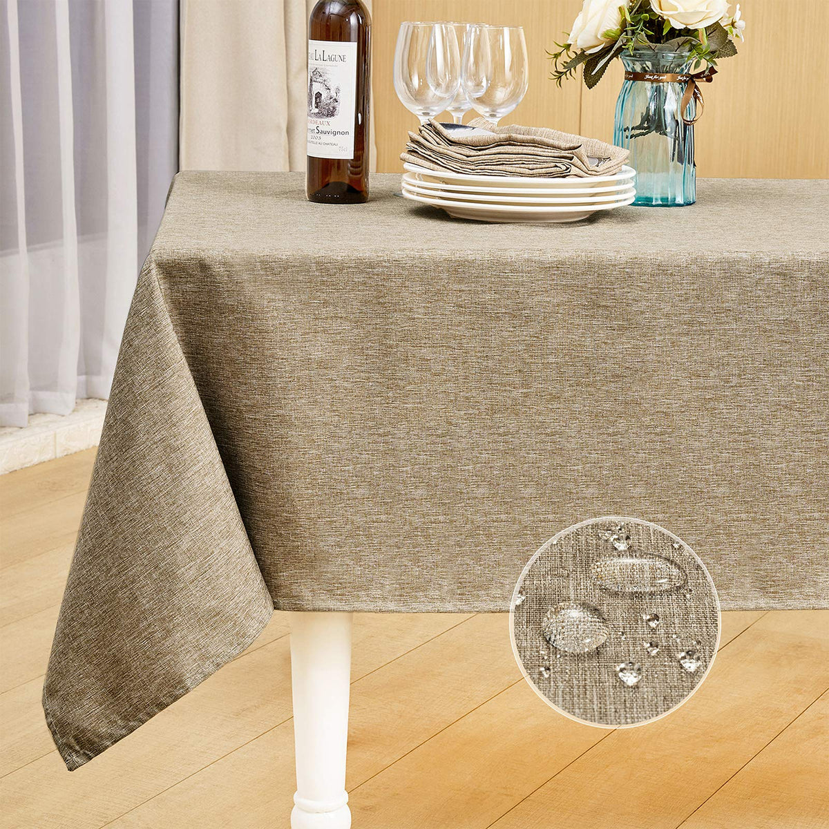 Mebakuk Rectangle Table Cloth Linen Farmhouse Tablecloth Waterproof Anti-Shrink Soft and Wrinkle Resistant Decorative Fabric Table Cover for Kitchen (Flaxen, 52" x 70" (4-6 Seats))