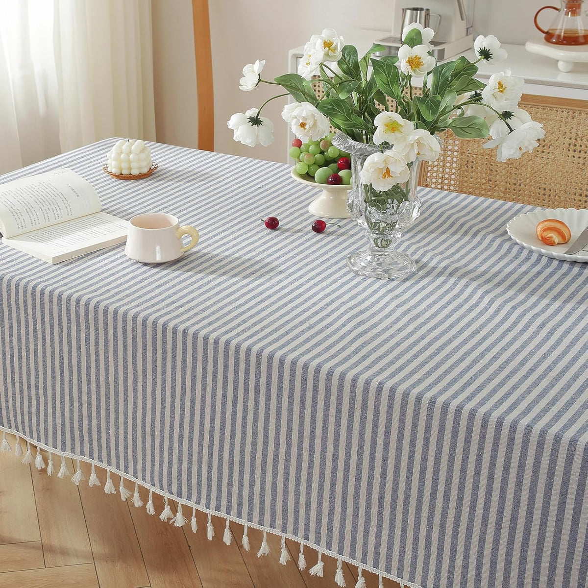 meioro Table Cloth Blue White Striped Tablecloth Tassels Cotton Blend Dust-Proof Table Cover for Dining Coffee Buffet Kitchen Picnic Tables, Parties Indoor Outdoor Square Tablecloths (36x36 Inch)