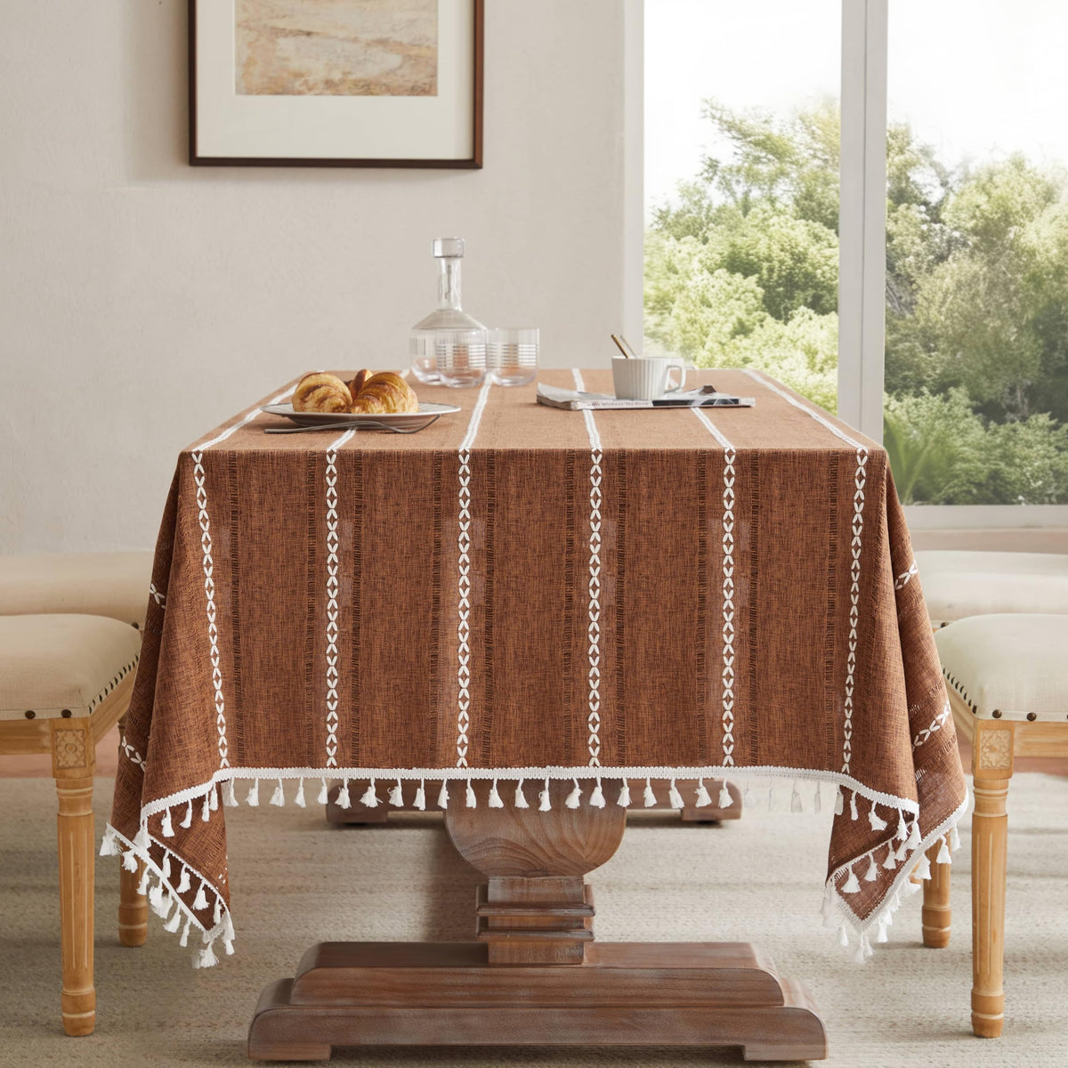 ZeeMart Hemstitched Striped Boho Table Cloth, 54x70 Inch Natural