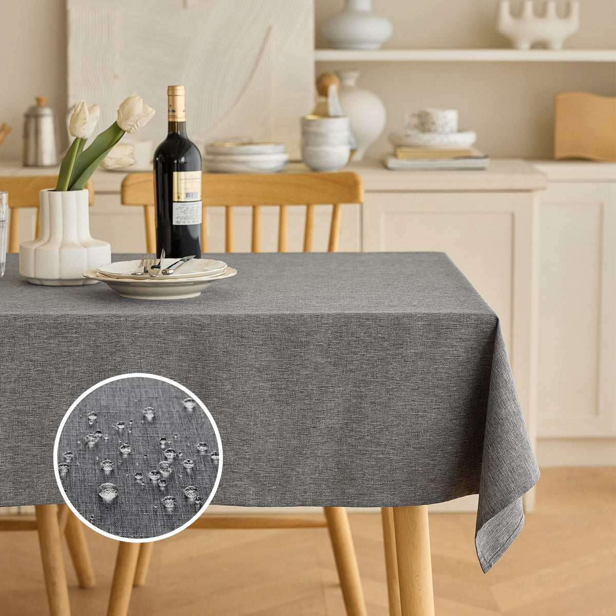 Decorelia Waterproof Round Tablecloth for Round Dining Table, Decorative Rustic Soft Wipeable Table Cloths Cover Indoor Outdoor Use for Holiday,Wedding, Kitchen (70 Inch,Round (4-6 Seats),Beige)