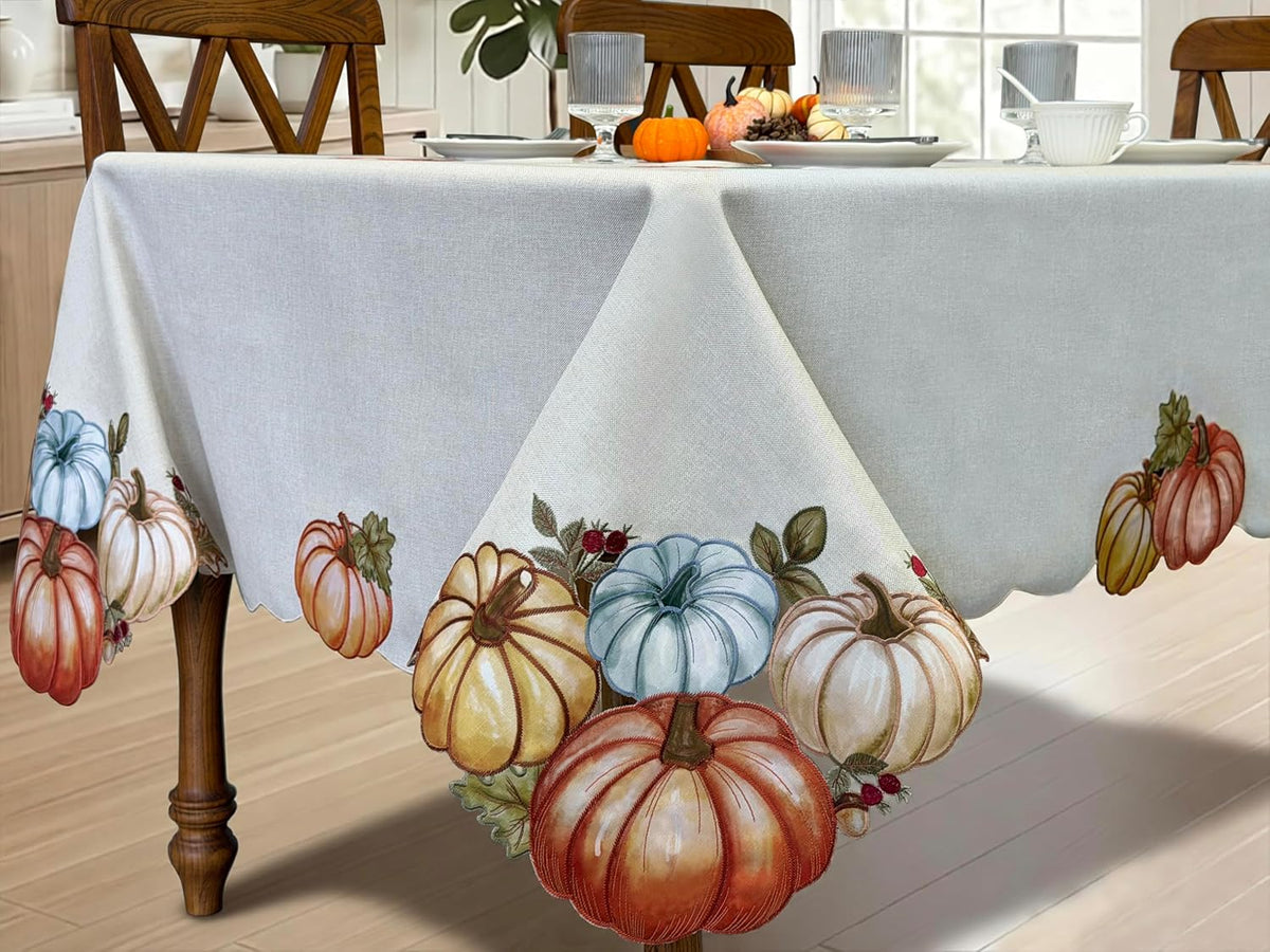 KEVA Fall Tablecloth 60x84 Inch, Autumn Pumpkin Cutwork Embroidered Tablecloth, Harvest Thanksgiving Table Decor for Kitchen Dining Table