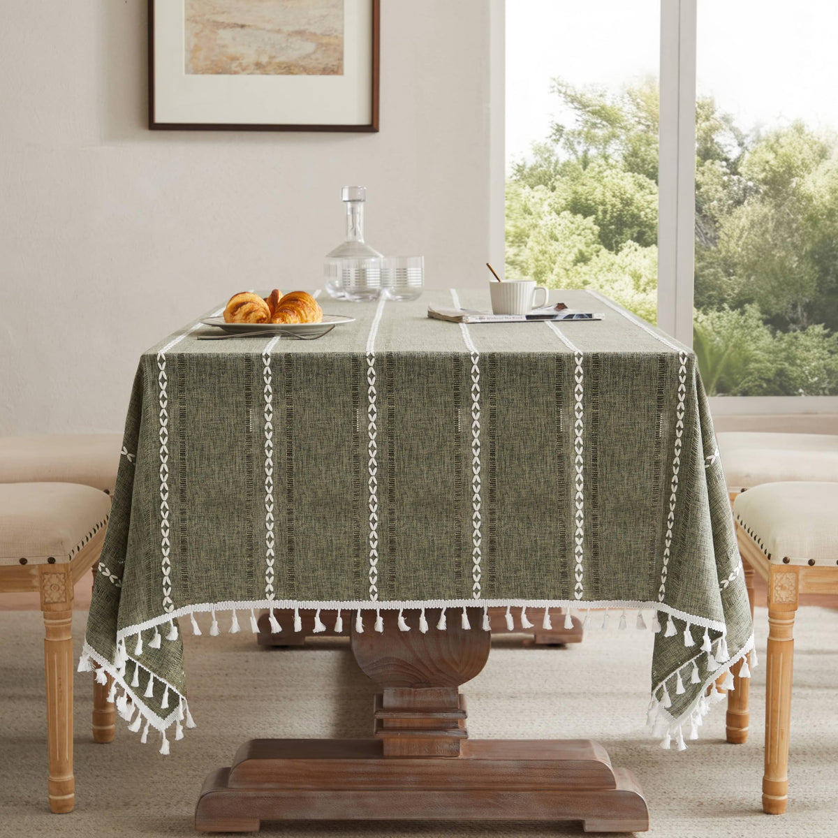 ZeeMart Hemstitched Striped Boho Table Cloth, 54x70 Inch Natural