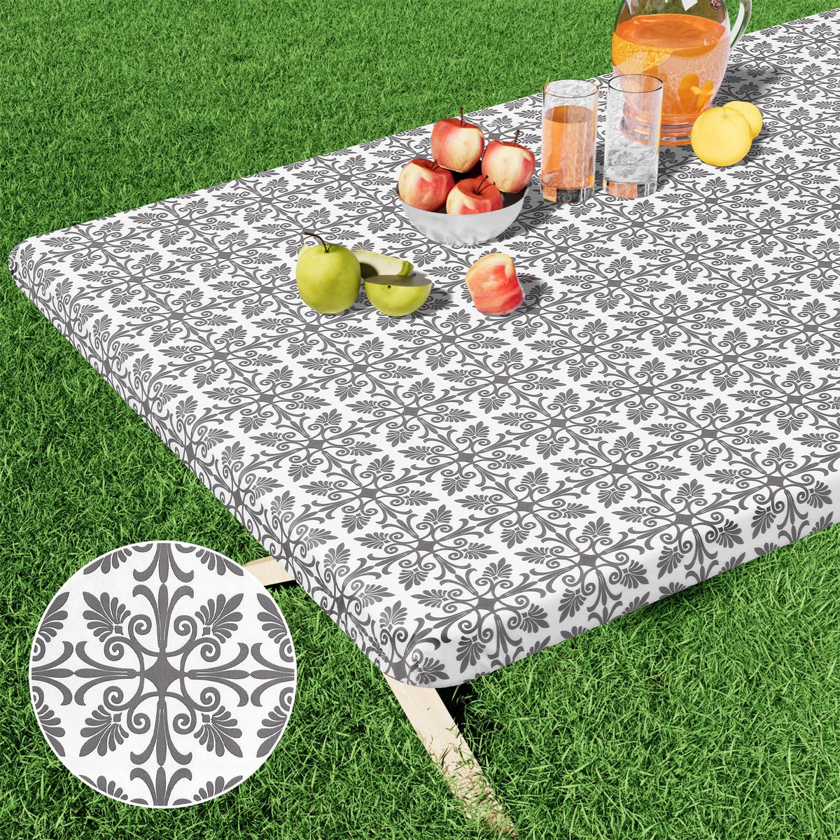 misaya Rectangle Vinyl Table Cloth, Elastic Fitted Flannel Backed Tablecloth, 100% Waterproof Plastic Table Cover Fits 4 Foot Folding Tables for Picnic, Camping, Outdoor (Khaki, 30" x 48")
