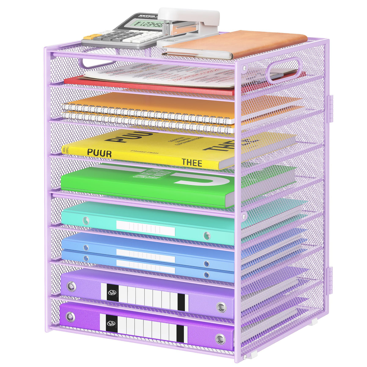 Cawukege 9 Tier Paper Organizer with Handle, Black Large Capacity Desk Organizer Mesh File Folder Letter Paper Tray Desktop Document Sorter for Classroom, School, and Office Accessories Organization