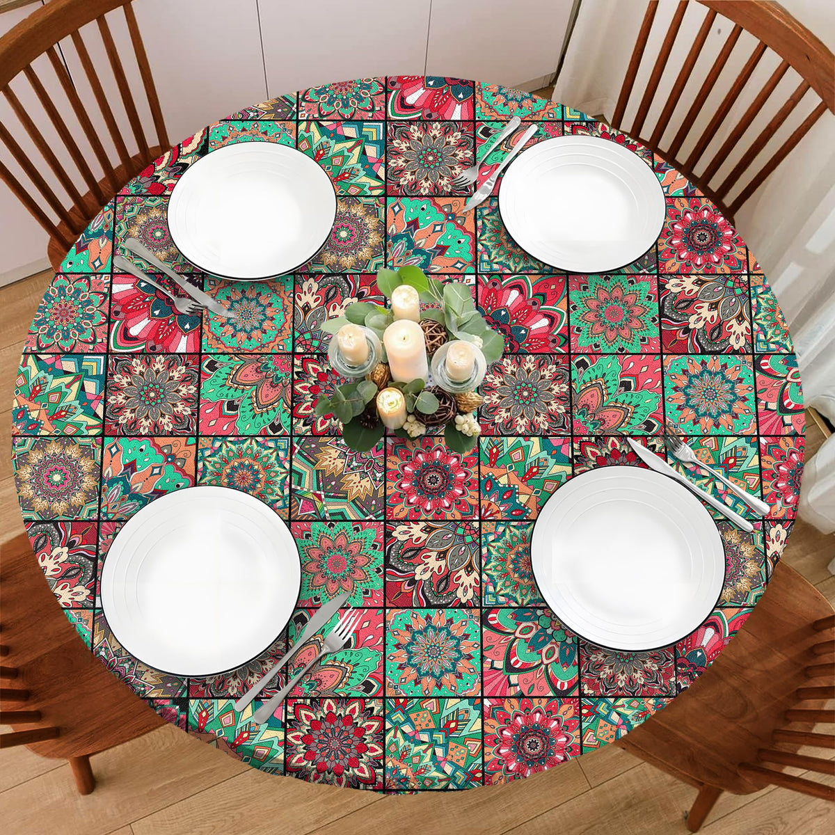 Wood Grain 48 Inch Round Fitted Cloth Tablecloth with Elastic Edged, Waterproof Oil Proof Wipeable Table Cover for Indoor Outdoor Patio Table, Fits Round Tables Up to 46" - 50" Diameter