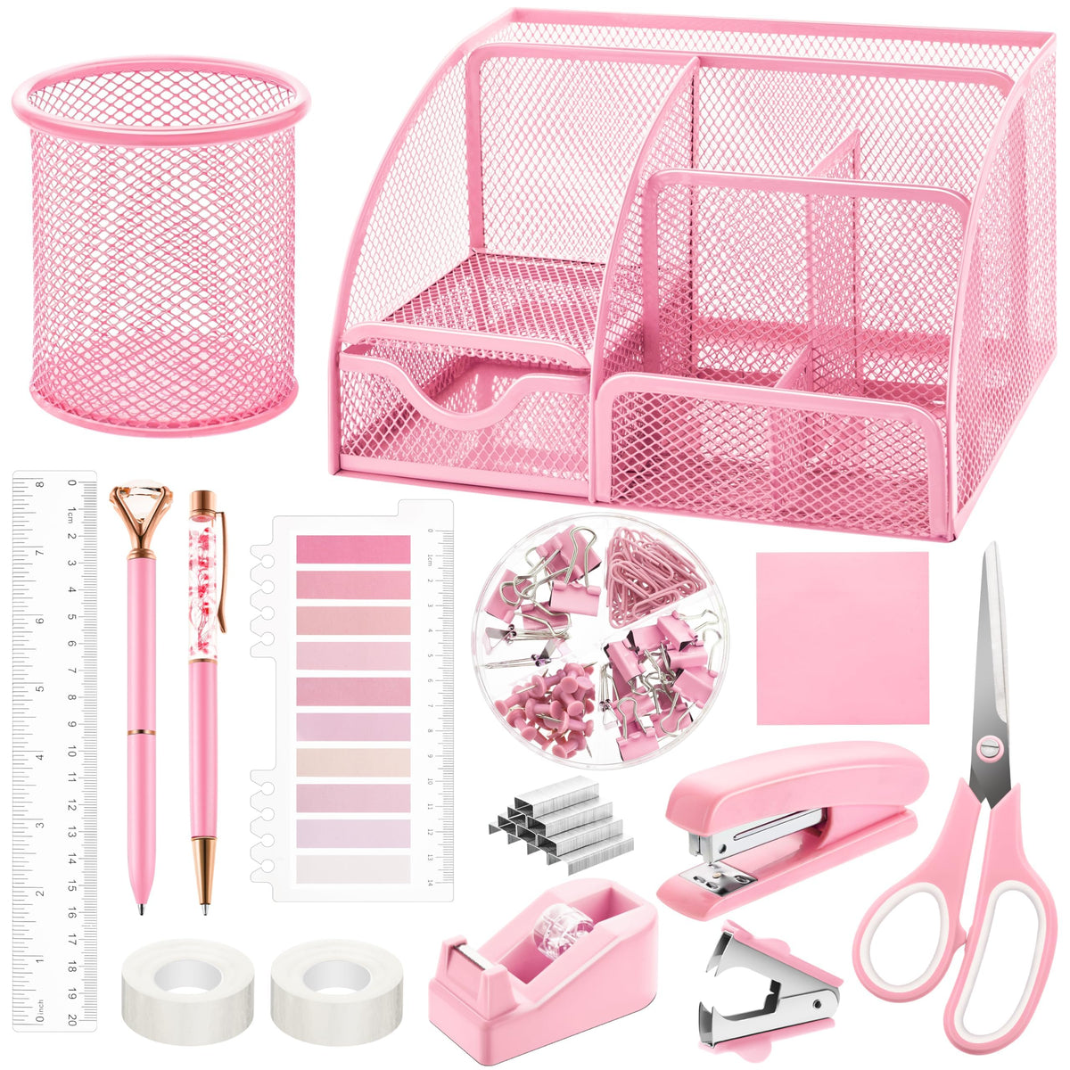 Fayoo 11 Pcs Pink Office Supplies Set Mesh Desk Organizer Accessories Kit