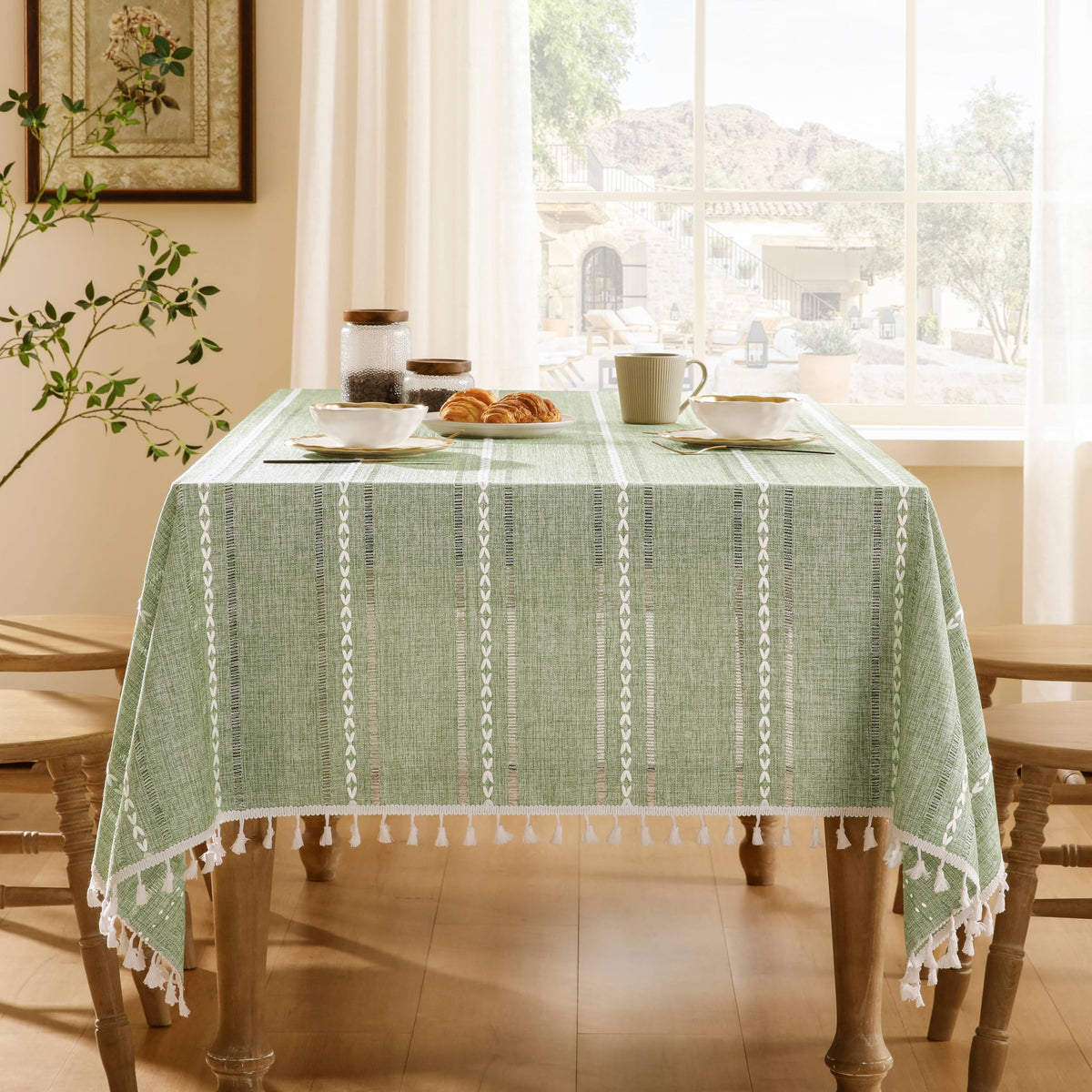 ZeeMart Hemstitched Striped Boho Table Cloth, 54x70 Inch Natural
