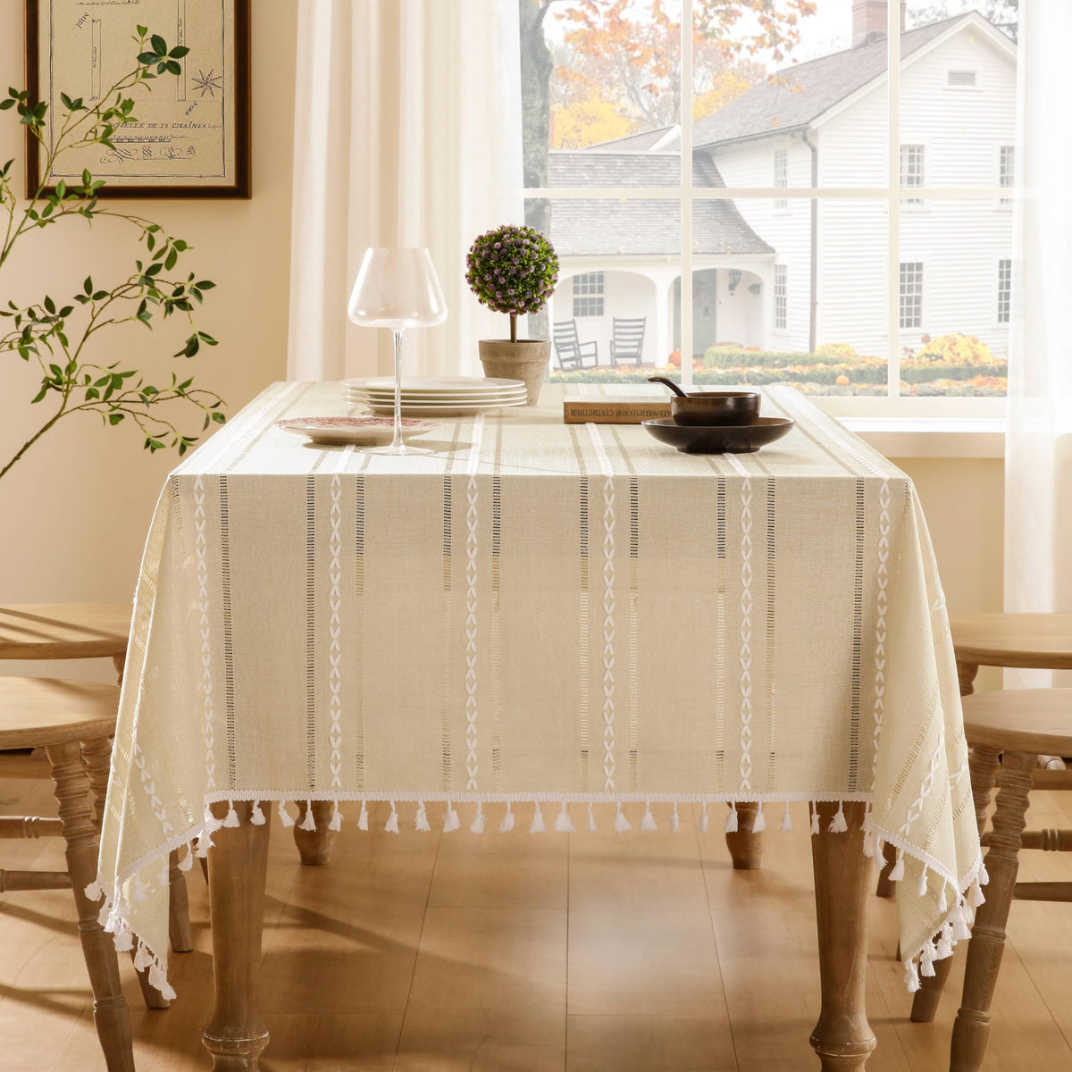 ZeeMart Hemstitched Striped Boho Table Cloth, 54x70 Inch Natural
