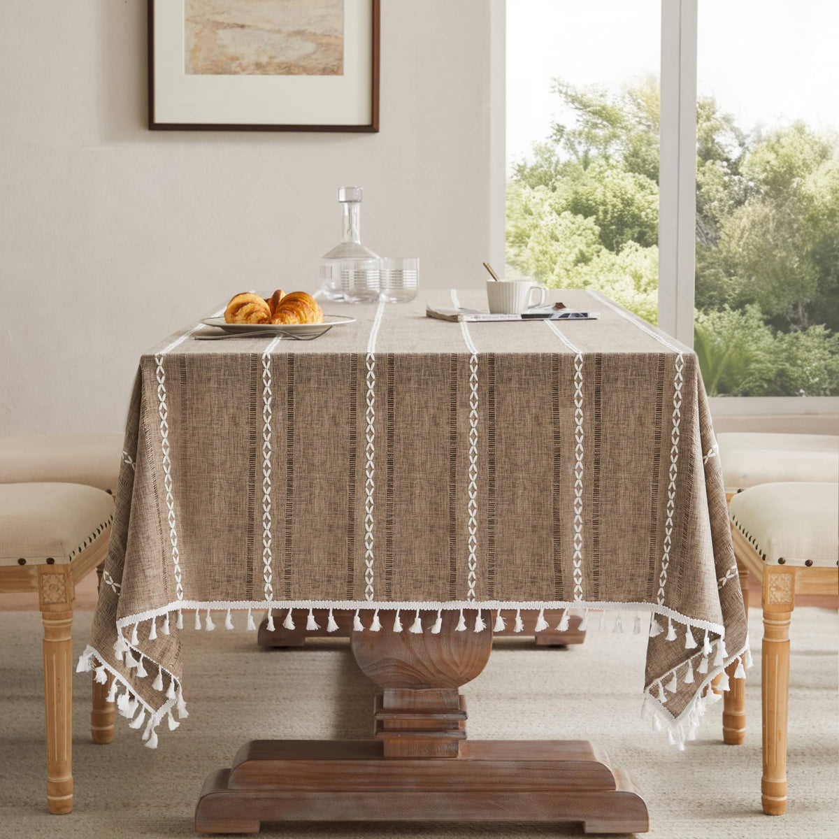 ZeeMart Hemstitched Striped Boho Table Cloth, 54x70 Inch Natural