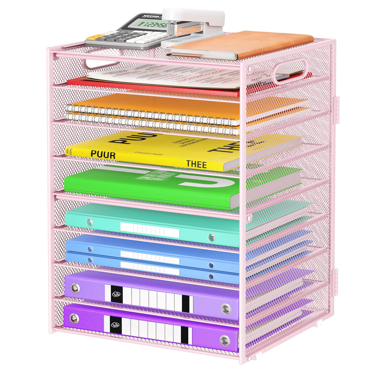 Cawukege 9 Tier Paper Organizer with Handle, Black Large Capacity Desk Organizer Mesh File Folder Letter Paper Tray Desktop Document Sorter for Classroom, School, and Office Accessories Organization