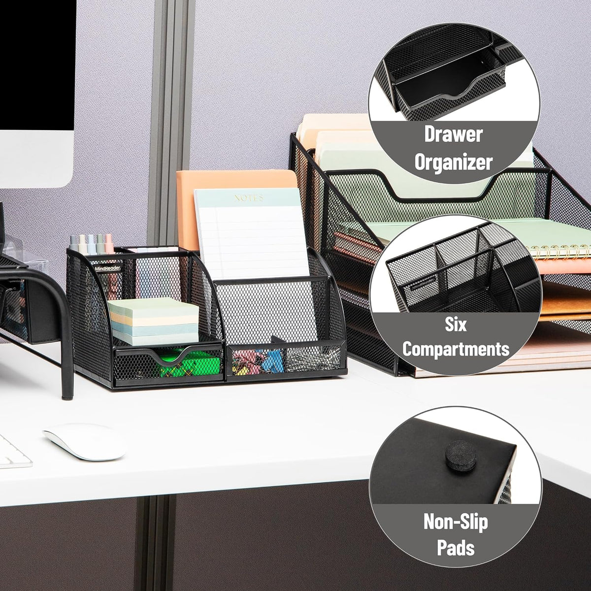 Mind Reader 7-Compartment Metal Mesh Desktop Organizer, Black
