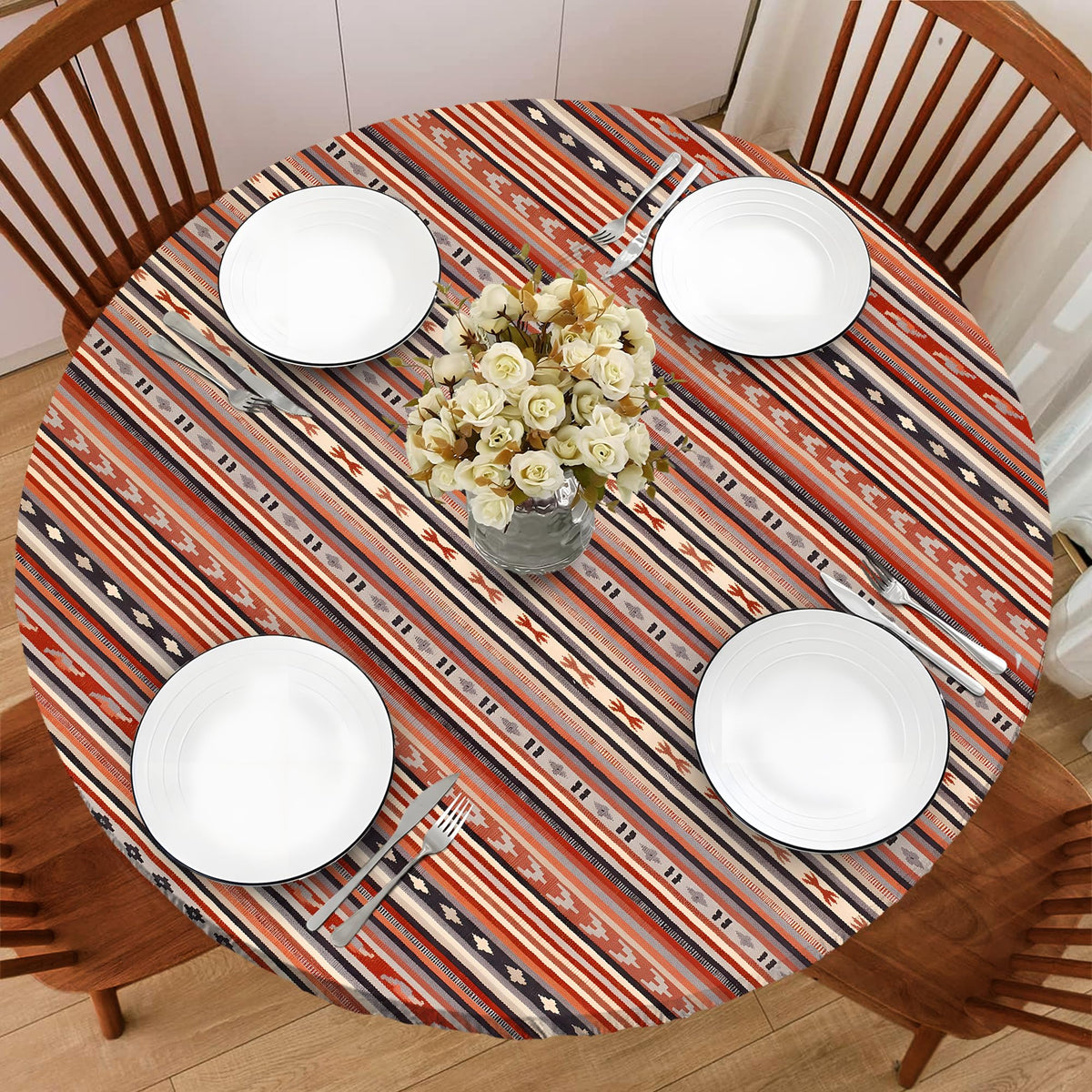 Wood Grain 48 Inch Round Fitted Cloth Tablecloth with Elastic Edged, Waterproof Oil Proof Wipeable Table Cover for Indoor Outdoor Patio Table, Fits Round Tables Up to 46" - 50" Diameter