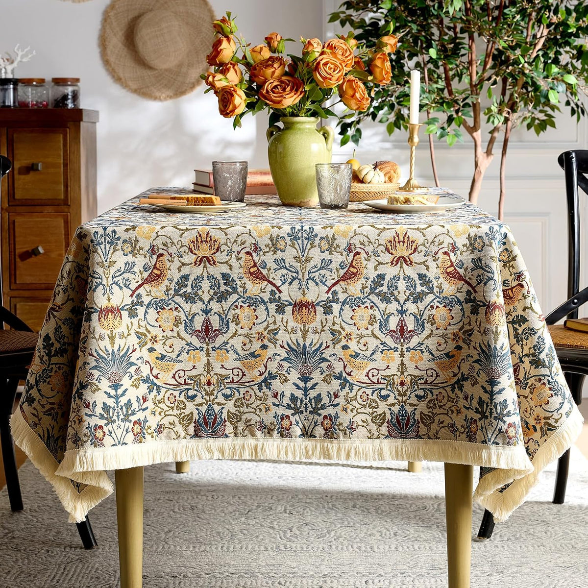 Farmhouse Floral Tablecloths Rectangular Vintage Table Cloth with Tassel