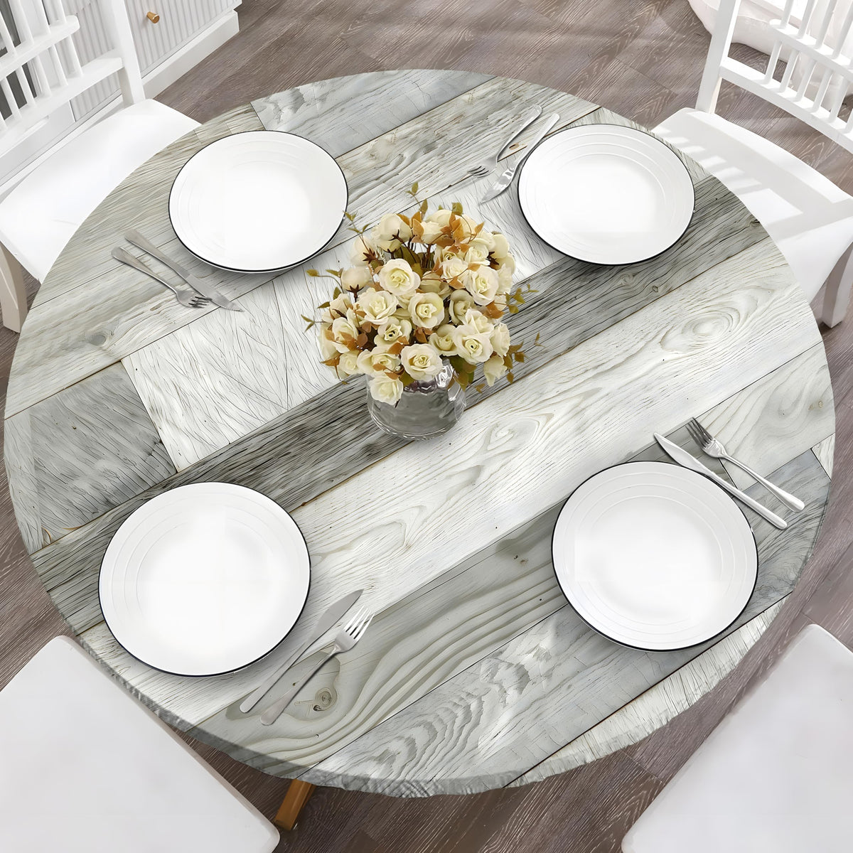 Wood Grain 48 Inch Round Fitted Cloth Tablecloth with Elastic Edged, Waterproof Oil Proof Wipeable Table Cover for Indoor Outdoor Patio Table, Fits Round Tables Up to 46" - 50" Diameter