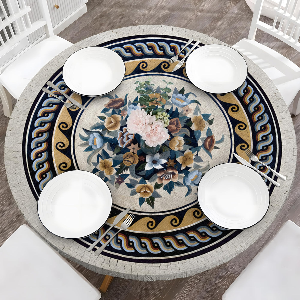 Wood Grain 48 Inch Round Fitted Cloth Tablecloth with Elastic Edged, Waterproof Oil Proof Wipeable Table Cover for Indoor Outdoor Patio Table, Fits Round Tables Up to 46" - 50" Diameter