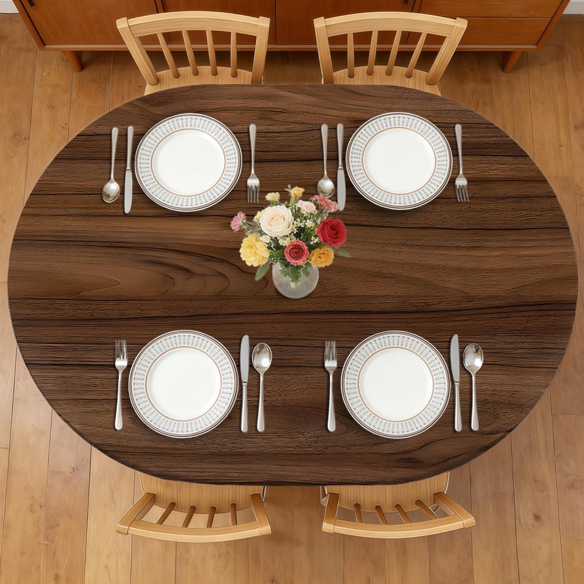Wood Grain 48 Inch Round Fitted Cloth Tablecloth with Elastic Edged, Waterproof Oil Proof Wipeable Table Cover for Indoor Outdoor Patio Table, Fits Round Tables Up to 46" - 50" Diameter