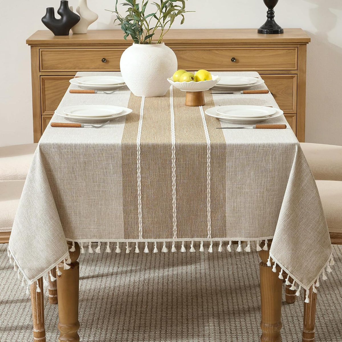 Tablecloth Rectangle Linen Style Fabric, 55 x 90 Coffee Lines