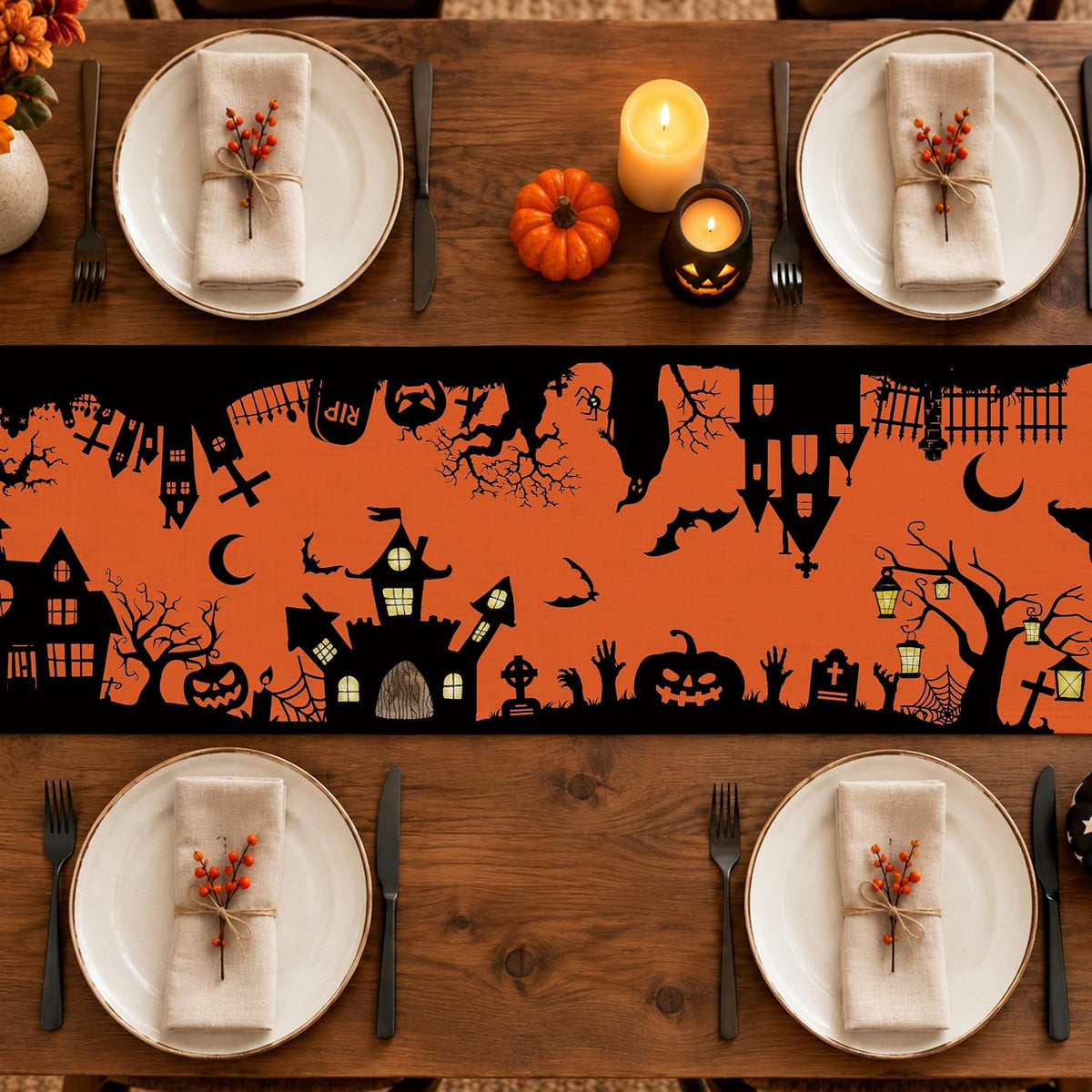 Halloween Spooky Haunted House Dining Table Runner