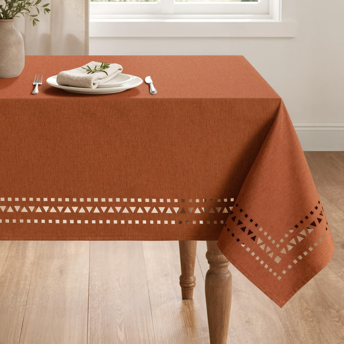 MIULEE 60 Inch Round Tablecloth with Decorative Cutouts Beige