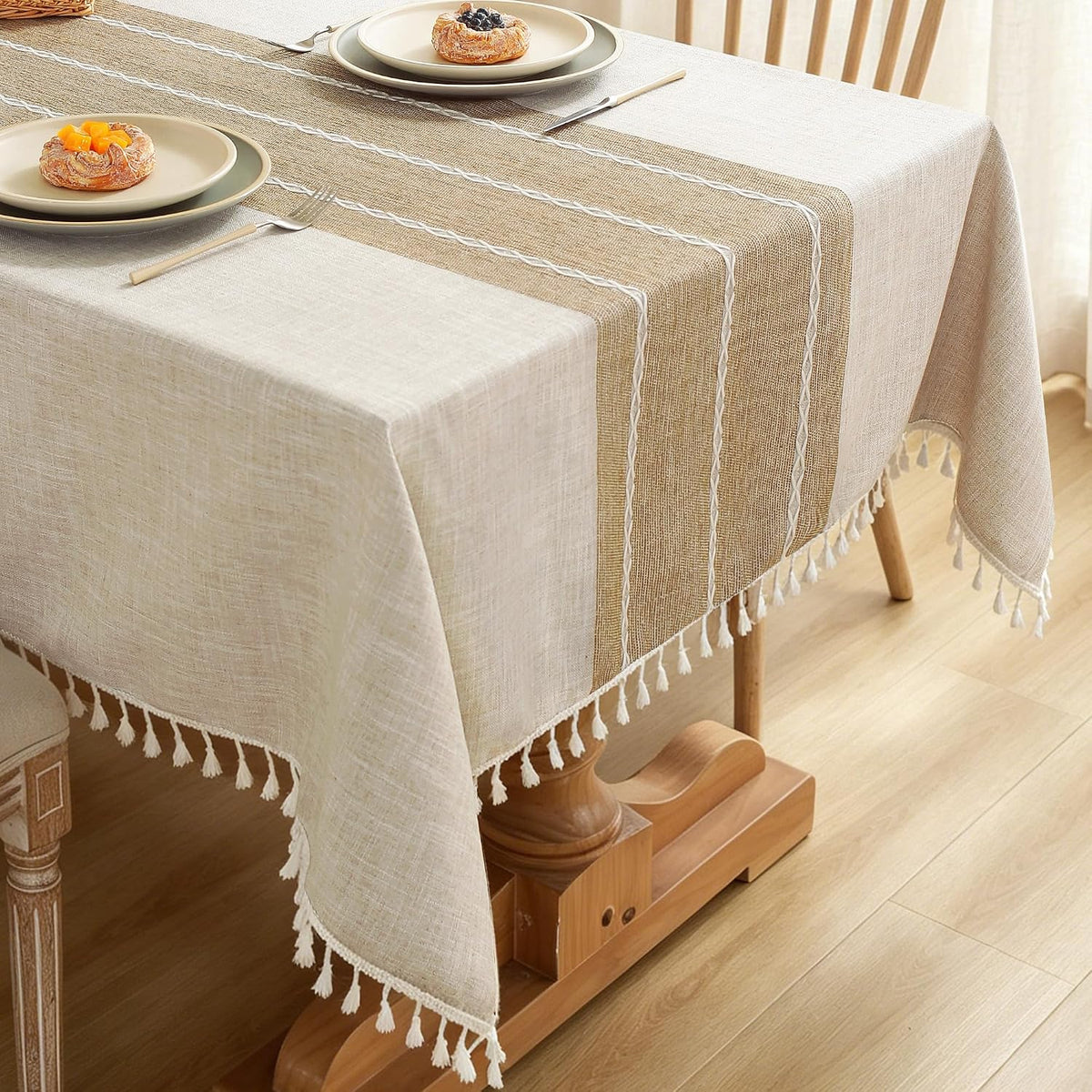 Cotton Linen Tablecloth, Water Resistant Holiday Table Cloth for Rectangle Table with Tassel, Washable Heavy Duty Wrinkle Free Table Cover for Dining Picnic, Coffee Lines, 75 X 55 Inch