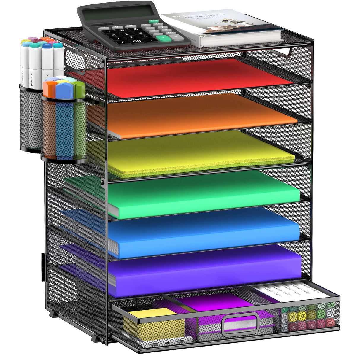 8 Tier Paper Letter Tray Organizer with Handles, Mesh Desk File Holder Storage Organization for Home School Classroom & Office (Black)