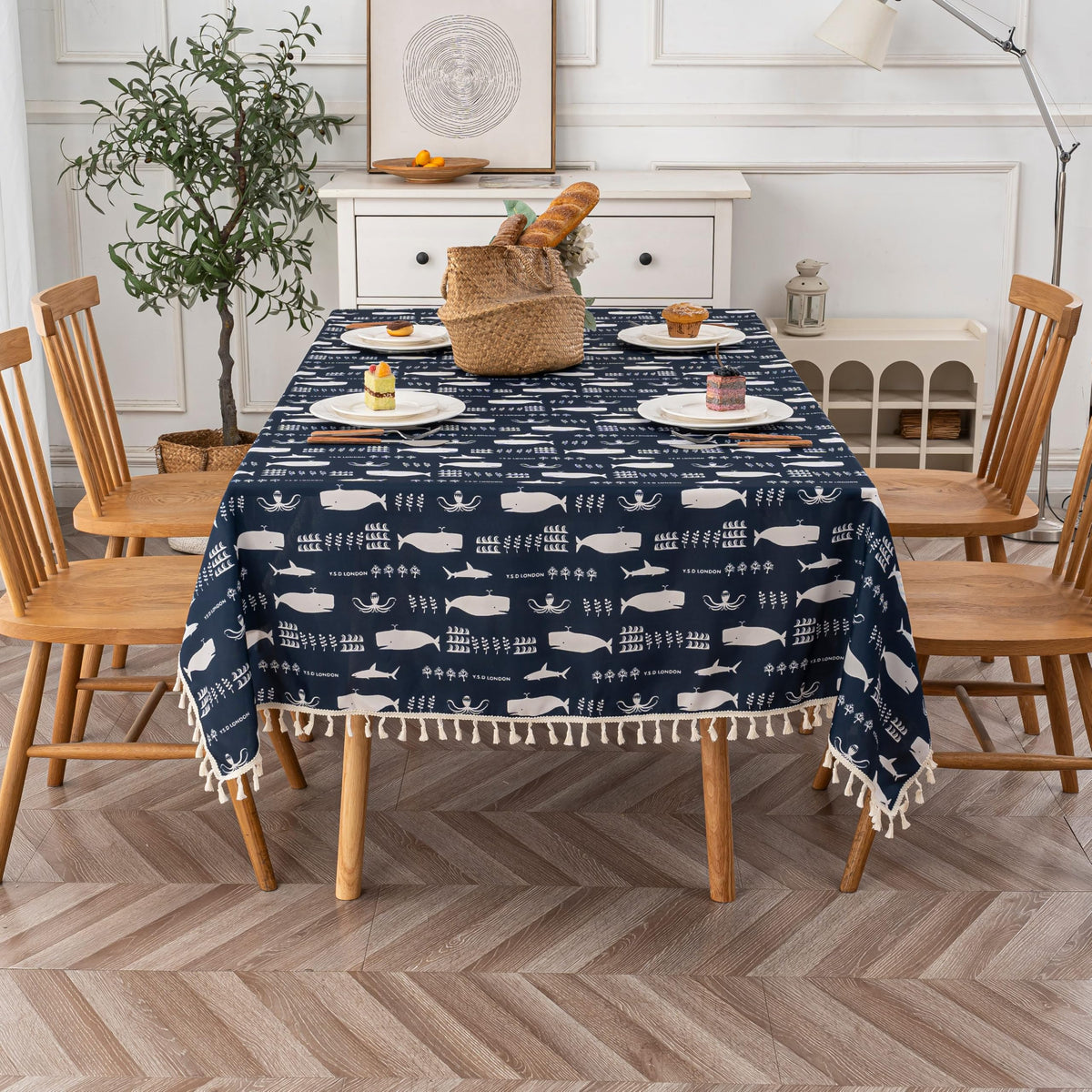 Boho Tablecloth for Square Tables,Fringed Edges with Geometric Pattern Tablecloths,Farmhouse Floral Table Cover Cloth Decorative for Kitchen Dining Room,59"x 59"