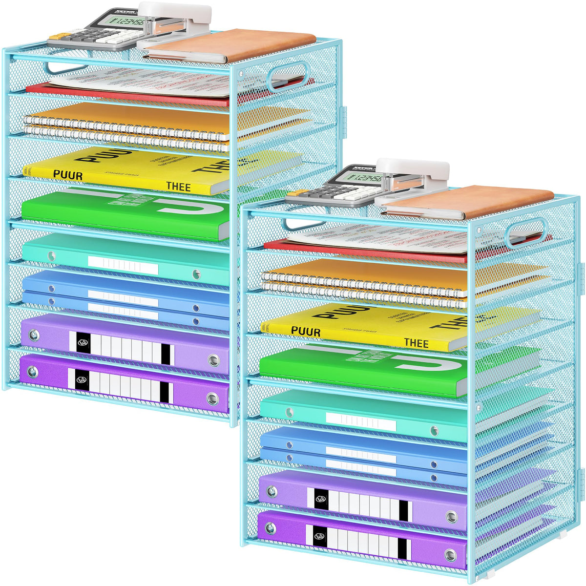 Cawukege 9 Tier Paper Organizer with Handle, Black Large Capacity Desk Organizer Mesh File Folder Letter Paper Tray Desktop Document Sorter for Classroom, School, and Office Accessories Organization