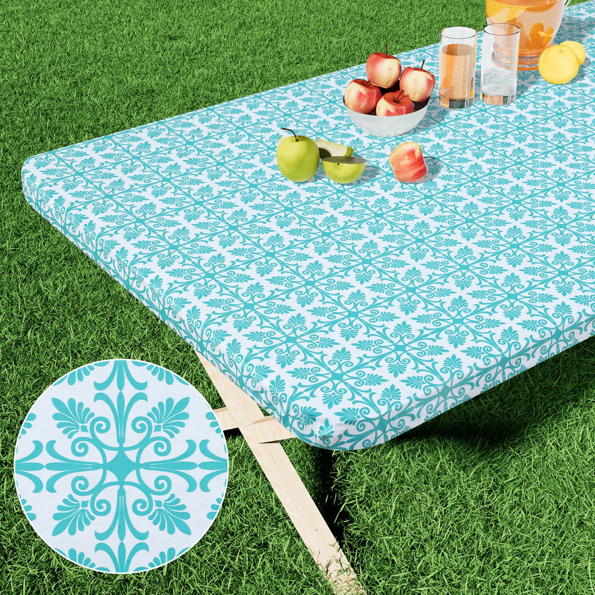 misaya Rectangle Vinyl Table Cloth, Elastic Fitted Flannel Backed Tablecloth, 100% Waterproof Plastic Table Cover Fits 4 Foot Folding Tables for Picnic, Camping, Outdoor (Khaki, 30" x 48")
