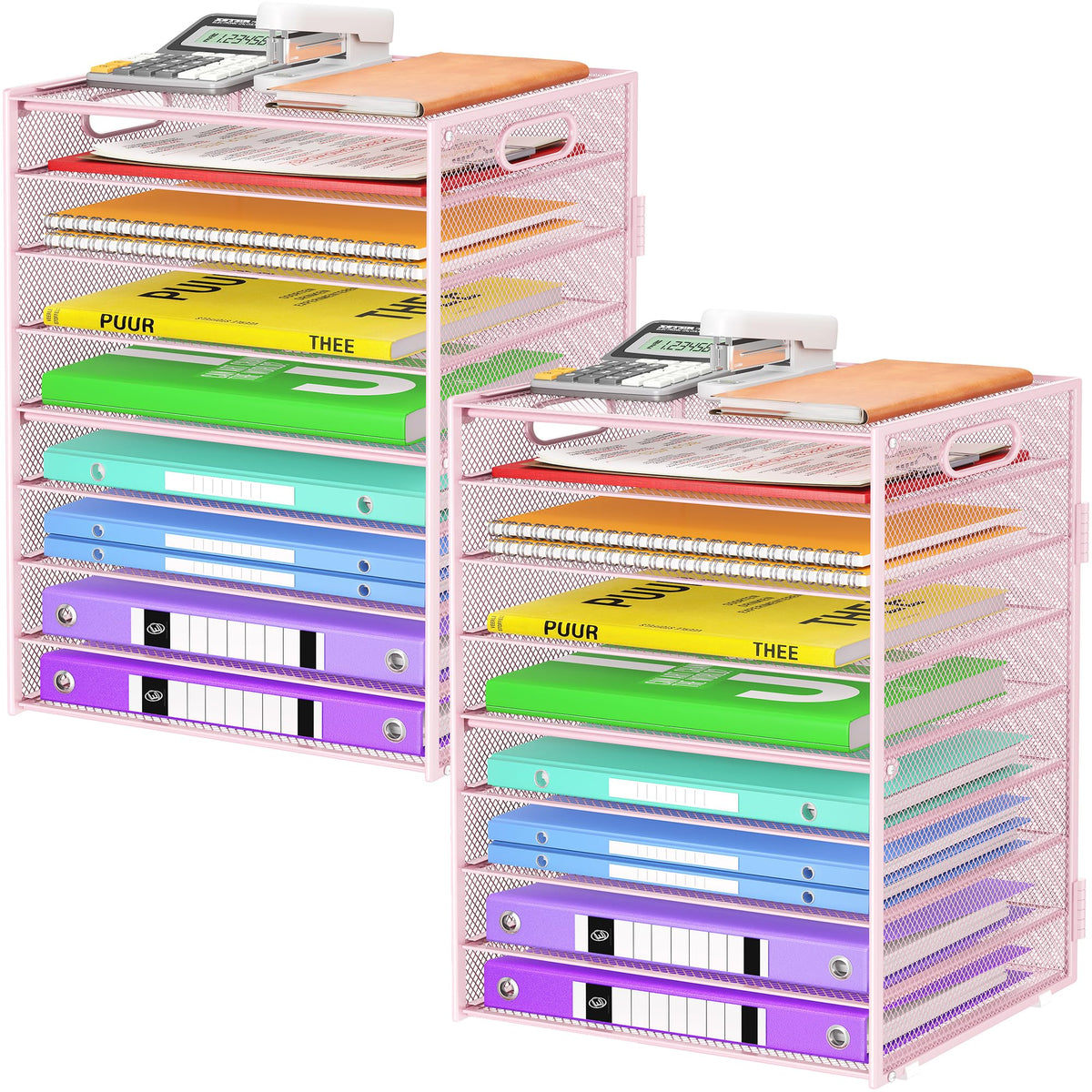 Cawukege 9 Tier Paper Organizer with Handle, Black Large Capacity Desk Organizer Mesh File Folder Letter Paper Tray Desktop Document Sorter for Classroom, School, and Office Accessories Organization
