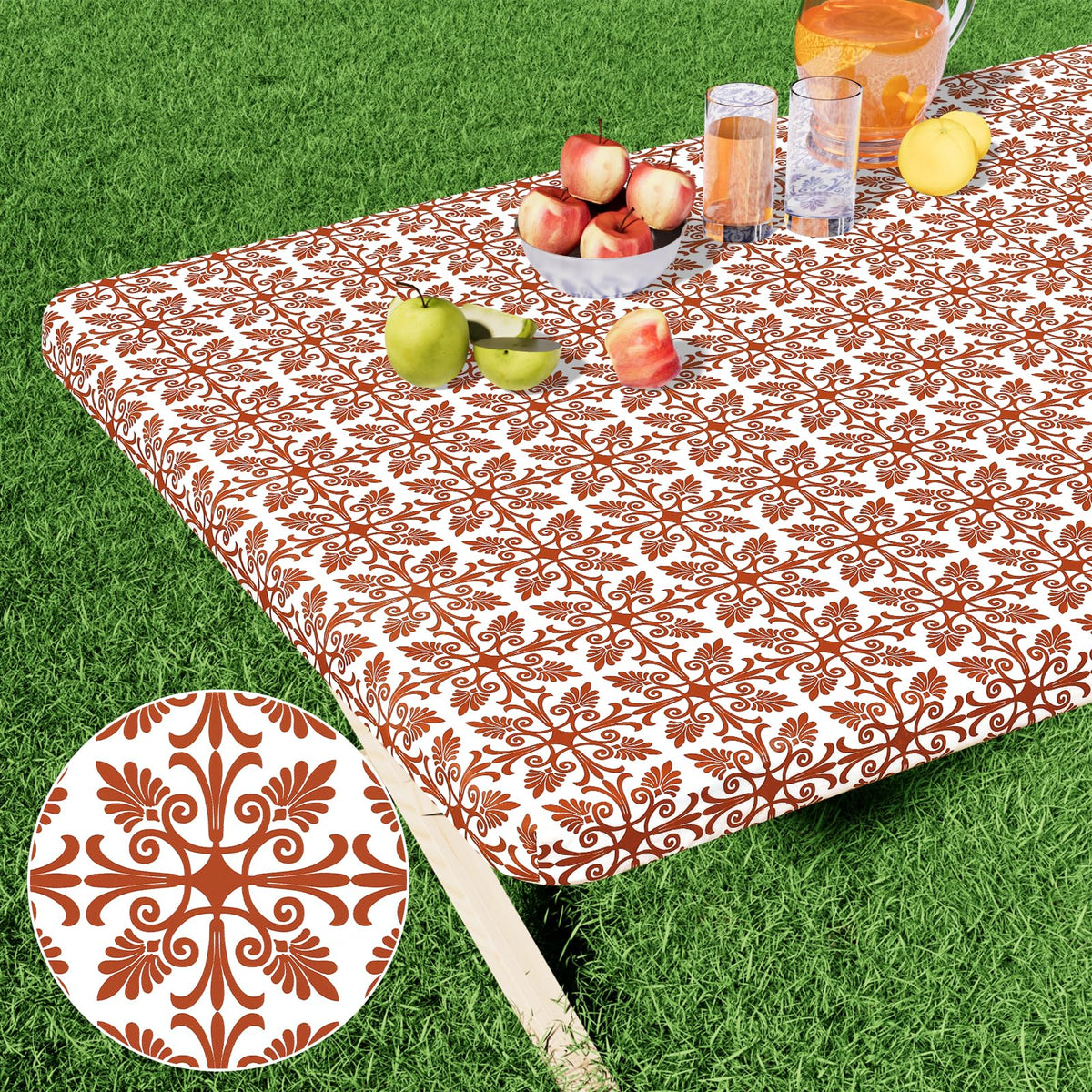 misaya Rectangle Vinyl Table Cloth, Elastic Fitted Flannel Backed Tablecloth, 100% Waterproof Plastic Table Cover Fits 4 Foot Folding Tables for Picnic, Camping, Outdoor (Khaki, 30" x 48")