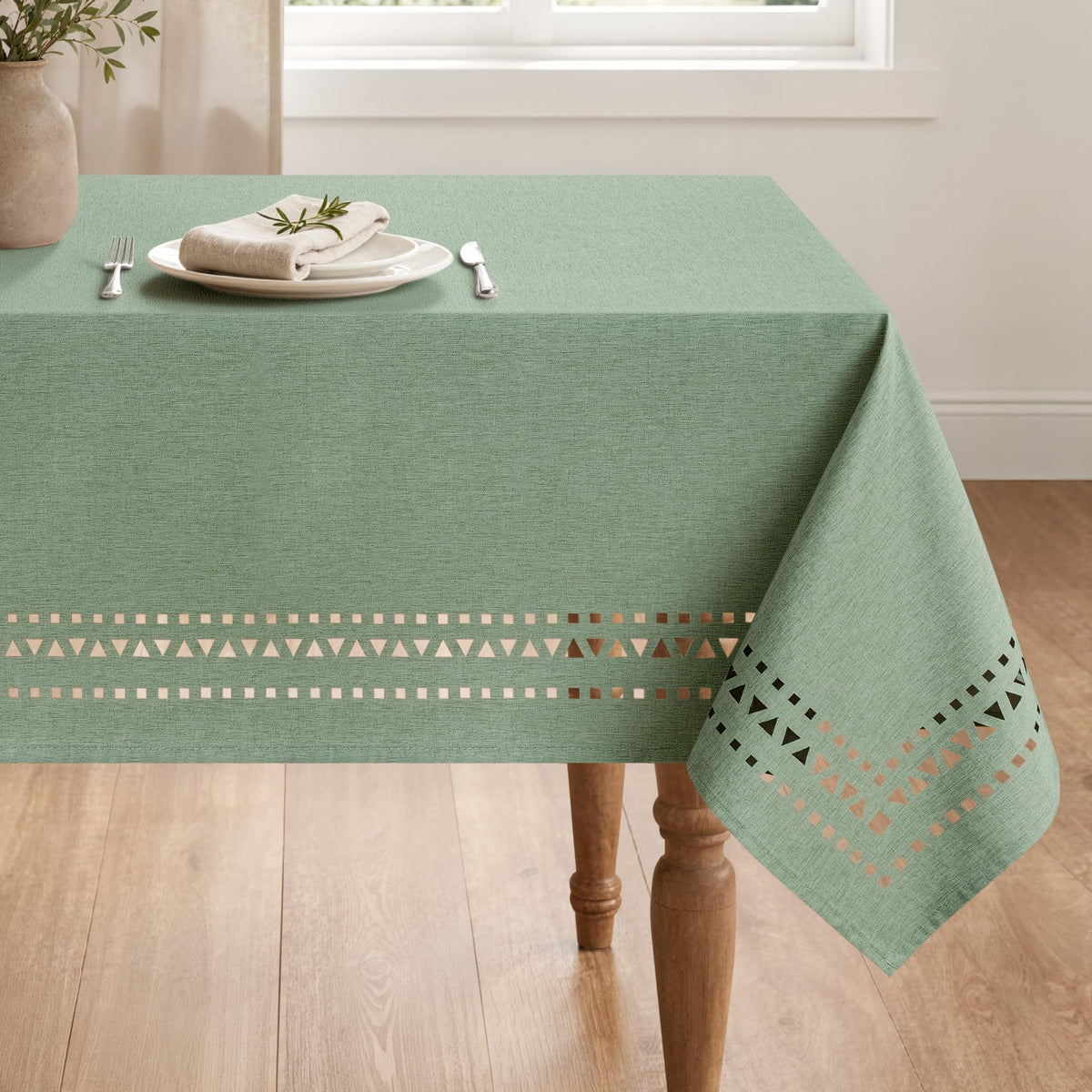 MIULEE 60 Inch Round Tablecloth with Decorative Cutouts Beige