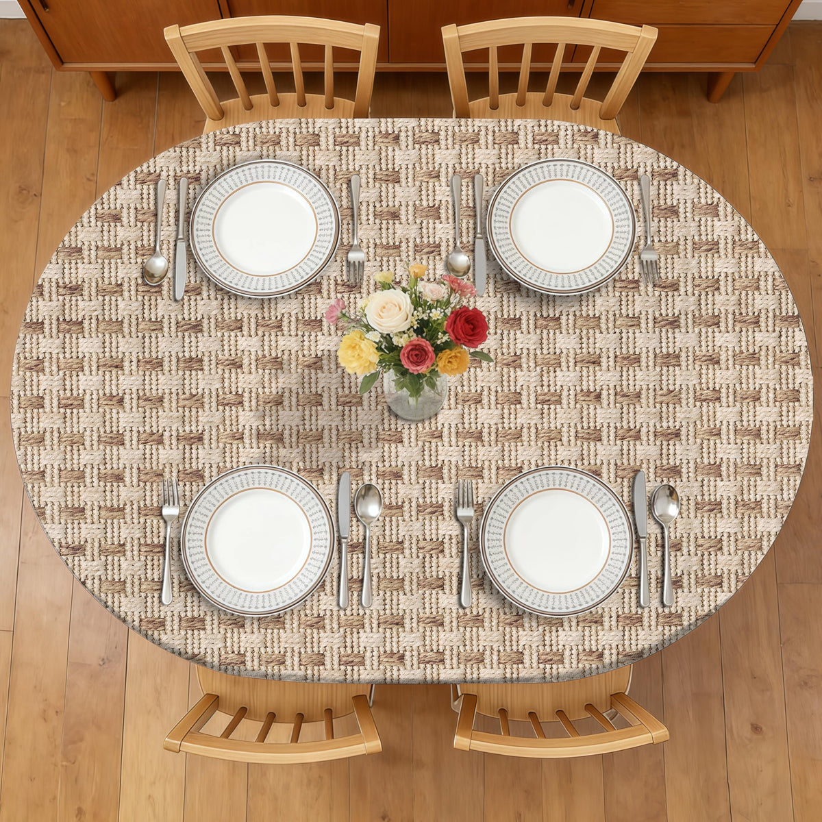 Wood Grain 48 Inch Round Fitted Cloth Tablecloth with Elastic Edged, Waterproof Oil Proof Wipeable Table Cover for Indoor Outdoor Patio Table, Fits Round Tables Up to 46" - 50" Diameter