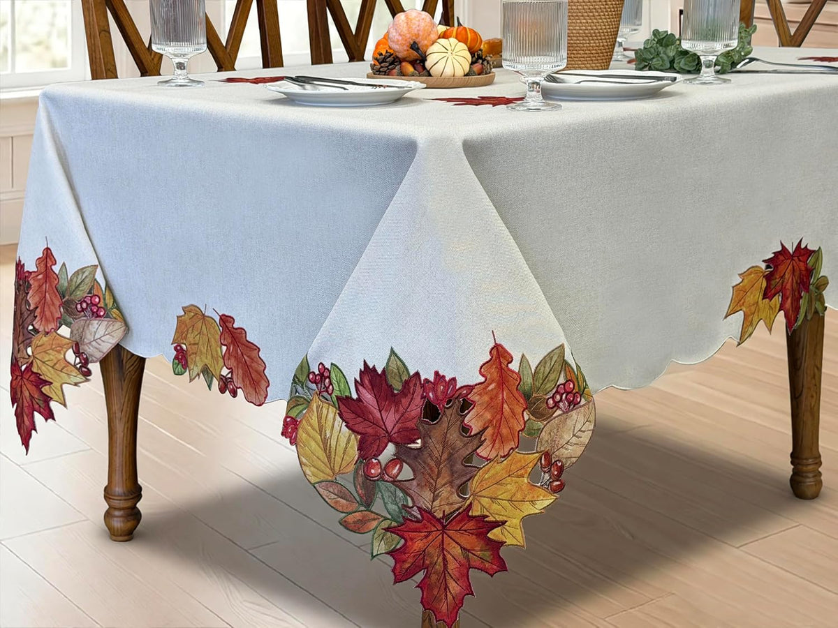 KEVA Fall Tablecloth 60x84 Inch, Autumn Maple Leaves Cutwork Embroidered Tablecloth, Harvest Thanksgiving Decor for Kitchen Dining Table