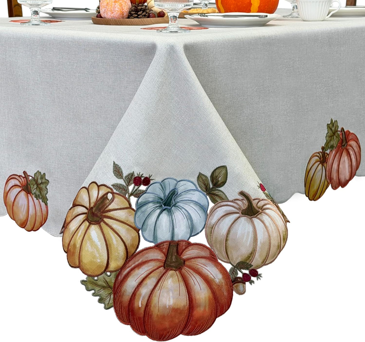 KEVA Fall Tablecloth 60x84 Inch, Autumn Pumpkin Cutwork Embroidered Tablecloth, Harvest Thanksgiving Table Decor for Kitchen Dining Table