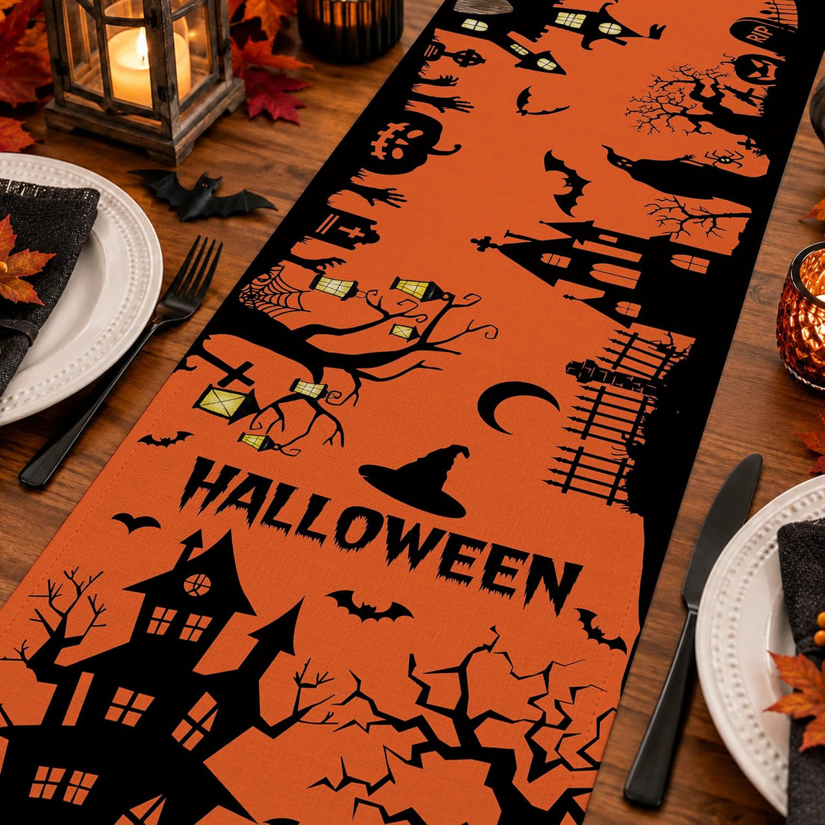 Halloween Spooky Haunted House Dining Table Runner