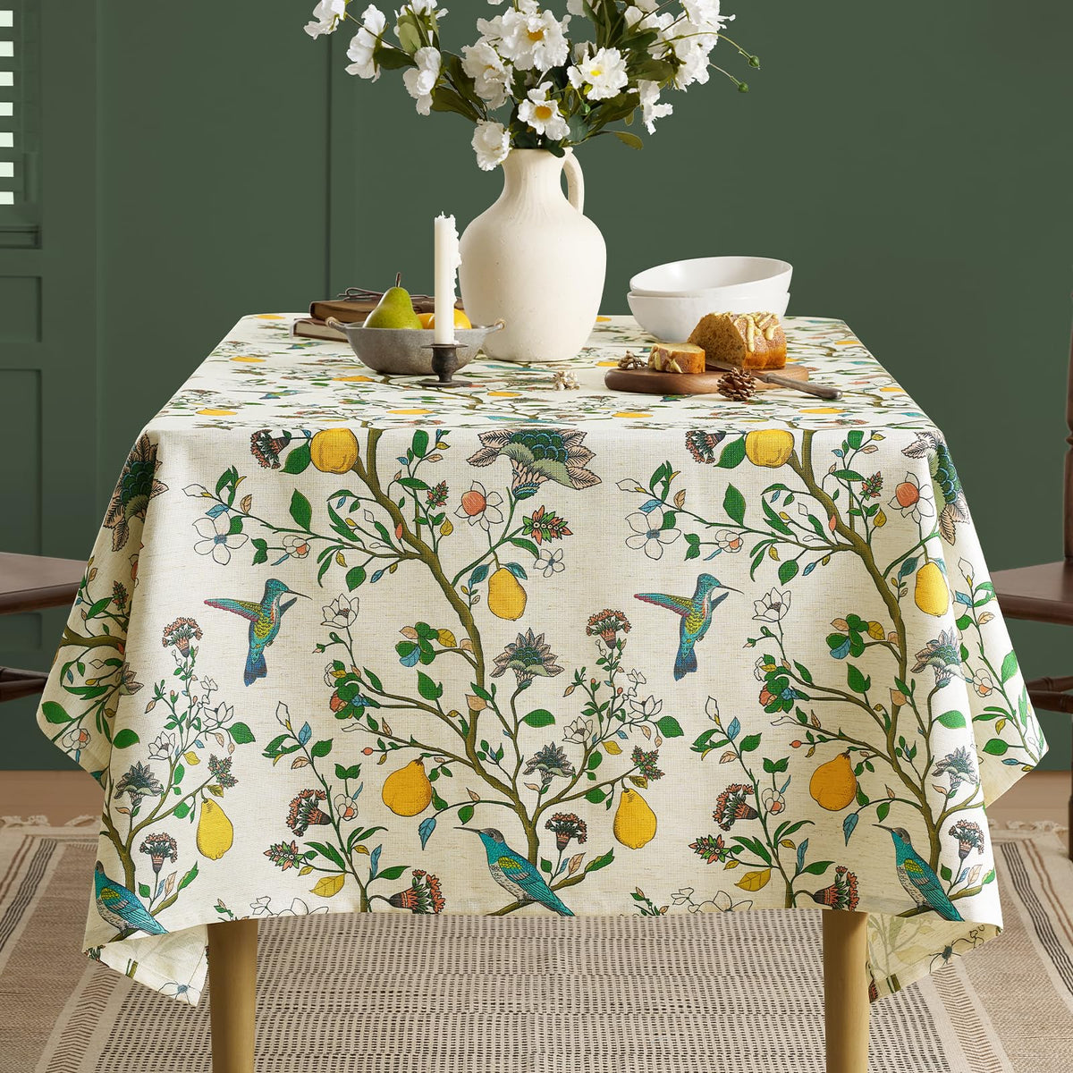 Green Floral Tablecloth Vintage French Rustic Linen Tablecloth Rectangular