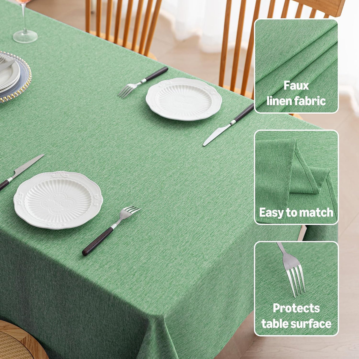 Amazon Basics Rectangle Tablecloth Water-Repellent, Faux Linen Textured Table Cloth Wrinkle Resistant Washable, Decorative Fabric Table Cover for Dining, 52" x 70", Green, Pack of 1