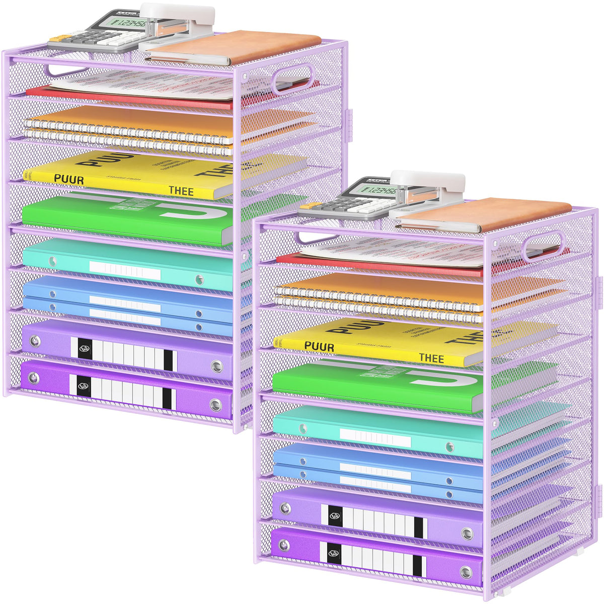 Cawukege 9 Tier Paper Organizer with Handle, Black Large Capacity Desk Organizer Mesh File Folder Letter Paper Tray Desktop Document Sorter for Classroom, School, and Office Accessories Organization
